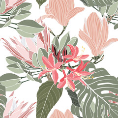 Wall Mural - Vintage african seamless pattern.Tropical flowers background. Banksia, protea, magnolia and monstera line illustration.