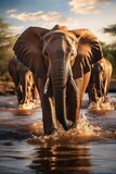 Fototapeta  - Herd of elephants at a watering hole, Generative AI