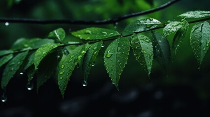 Poster - A close up of a green leaf with water droplets on it, AI