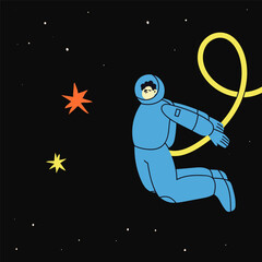 Wall Mural - person flying in outer space. colorful blue suit. astronaut or spaceman. cute character. cartoon fla