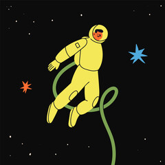 Wall Mural - person flying in outer space. colorful yellow suit. astronaut or spaceman. cute character. cartoon f