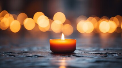 Wall Mural - A small candle lit on a stone surface with blurred lights in the background, AI