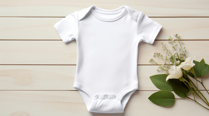 Wall Mural - a flat mockup of a white infant bodysuit, on cream colored wooden background, simple pastel baby decor