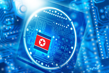 Poster - computer chip. north korea flag. microprocessor made in dprk. computer chip from korea. pcb backgrou