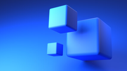 Poster - Blue background. Cubes float in air. Abstract background. Blue backdrop. Volumetric texture. Cubes of different sizes. Modern background. Pattern for site. Desktop wallpaper. 3d image
