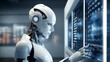 Futuristic White Robot with Artificial Intelligence Features Analysing Internal Data