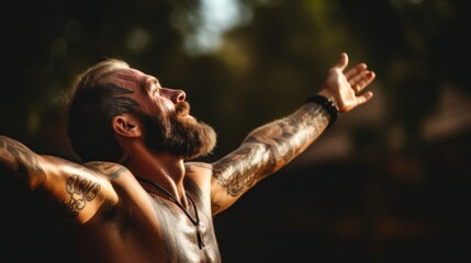 Canvas Print - A man with a tattooed arm and chest standing in the sun, AI