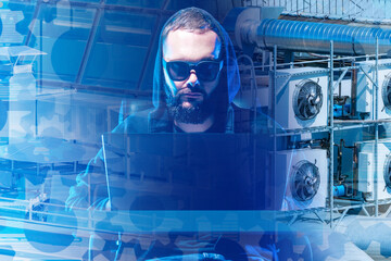 Poster - Man with laptop. Air conditioners on roof of building. Industrial ventilation system. Engineer controls air ventilation process. Man with computer near conditioners. System administrator.