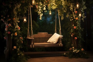 Wall Mural - A vintage swing hangs suspended from the boards, adorned with fairy lights and cascading ivy. It becomes a symbol of playful romance, 