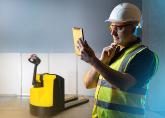 Poster - man builder. guy is foreman at construction company. electronic fork lift near man. construction wor