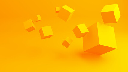 Poster - Geometric background. Backdrop with yellow cubes. Abstract wallpaper. Yellow background for site. Three-dimensional cubes in zero gravity. Backdrop for design. Geometric pattern. 3d image