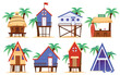 Beach bungalow houses or resort huts set, flat vector illustration isolated.
