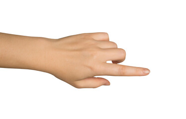 Wall Mural - Women's hand with index finger pointing to something. PNG isolated on transparent background