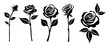 Black roses flowers silhouette set vector drawing.Floral beautiful wedding element.Stencil