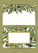 Set of banners with realistic olive tree branches. Green and black olives with leaves. Food illustration
