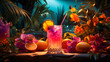 vibrant tropical scene featuring colorful cocktails, palm leaves, and a laid-back atmosphere