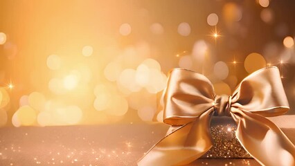 Wall Mural - Golden gift box with bow and ribbon on Gold Glitter Background. Looping Sparkling and bokeh lights moving around Background with Gold Presents. 4K 3D Loop. Party,celebration,Merry Christmas,Happy New 