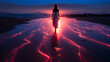 Femme marchant vers l'horizon sur un sol lumineux