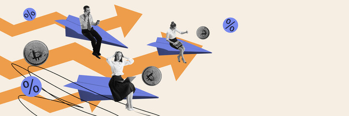 Wall Mural - Young people, employees working on growing financial success in online baking, cryptocurrency. Contemporary art collage. Concept of efficiency, business, office, workflow, e-commerce. Banner