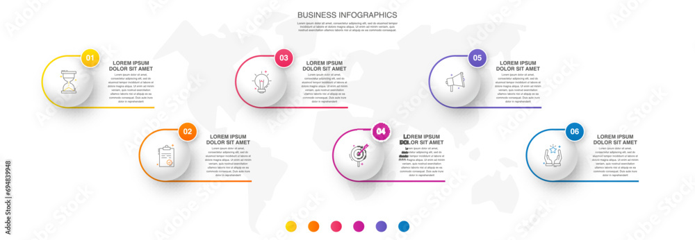 Six colorful circles are connected with lines and icons. Vector ...