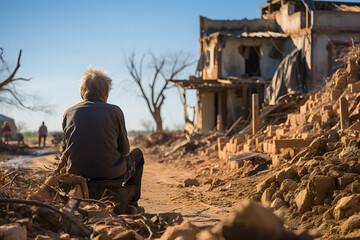 Wall Mural - environmental disaster or ecological disaster, catastrophic event, running from tornadoes hitting a village

