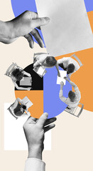 Wall Mural - Conference. Employees, colleagues attending meeting, discussing projects and working on analytics, strategies. Contemporary art collage. Concept of efficiency, business, office, workflow and teamwork