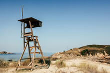 Wooden Lookout Tower On Rocky Coastline At Cies Island In Galicia
