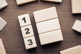 Number one, two, and three arranged in a row with wooden blocks, 123 step process, instrcutions, tips, guidance, or planning concept