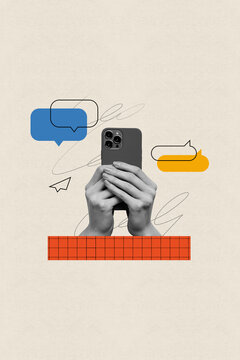 Vertical creative composite artwork photo iphone collage of arm holding smartphone write messages in chat isolated retro drawing background
