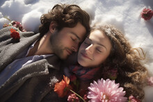 AI Generated Image Top View Of Smiling Young Couple Relaxing With Flowers While Lying On A Snow