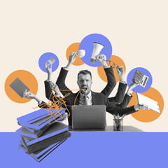 Wall Mural - Young emotional man, employee working on different professional tasks. Project manager. Contemporary art collage. Concept of efficiency, business, office, workflow, deadlines, challenges
