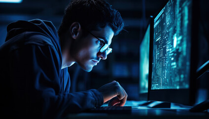 Aufkleber - Side view of young man with eyeglasses using laptop late night
