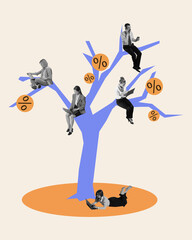 Wall Mural - Colleagues sitting on tree with percent symbols, working on gadget, growing company money. Contemporary art collage. Concept of efficiency, business, office, workflow, trade market, finances