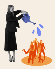 Wall Mural - cool down. woman watering employees giving high five to each other. teamwork and assistance. contemp