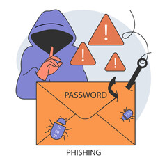 Wall Mural - Phishing data theft technology. Cyber attack, hacker stealing personal data and money from a message, device or social network. Flat vector illustration
