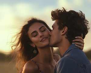 Wall Mural - A young brunette attractive woman kissing her boyfriend