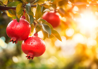 Wall Mural - Pomegranate tree close-up, fruit orchard background with copy space