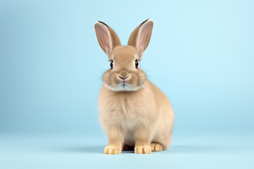 Wall Mural - Studio portrait of cute rabbit with light and pastel background, happy bunny running on floor, adorable fluffy rabbit that sniffing.