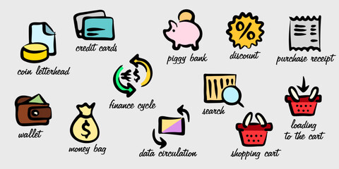  Hand-drawn financial icons. Freehand symbols of money and economic. Educational poster with the names