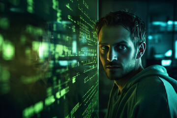 Generative AI portrait hacker in dark room secret organization community specialists