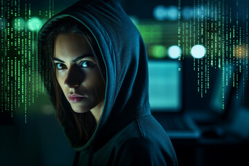 Generative AI portrait hacker in dark room secret organization community specialists