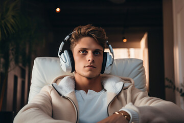 AI generated image of relaxed dreamy man in headphones listening to music song in apartment