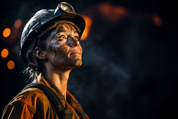 Generative AI portrait of girl miner at the mine in a helmet on dark background