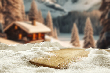 Wall Mural - desk of free space cover of snow and frost with winter landscape.