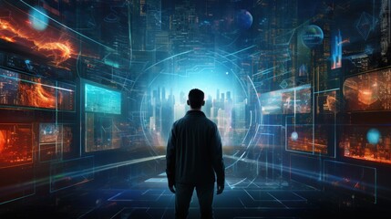 Wall Mural - Depict a skilled cyberpunk hacker in a futuristic setting, surrounded by holographic interfaces, intricate code, and virtual reality elements