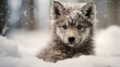 Winter playtime for a cute wolf puppy in the snow, captured in an adorable portrait. The fluffy fur and happy expression of this baby animal bring warmth and charm to your collection. ai generative