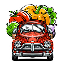 Farm Organic Food Delivery. Truck And Fresh Vegetables. Vector Illustration