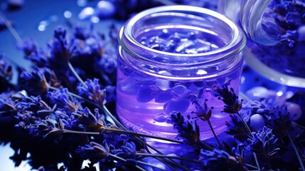 Canvas Print - A jar of lavender with a purple liquid inside and flowers around it, AI