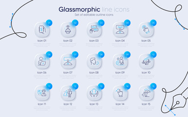 Wall Mural - Set of Cough, Difficult stress and Fake review line icons for web app. Teamwork chart, Search employee, Cursor icons. Hold t-shirt, Bid offer, Interview job signs. Employee, Repairman. Vector