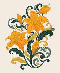 Wall Mural - Floral lily easter plant in art nouveau 1920-1930. Hand drawn lily with weaves of lines, leaves and flowers.